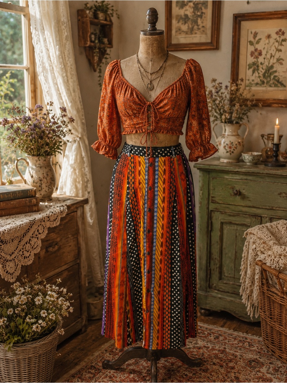 Vintage 1990s Pioko Boho Striped, Multi Pattern Midi Skirt, Sz Small-XL!